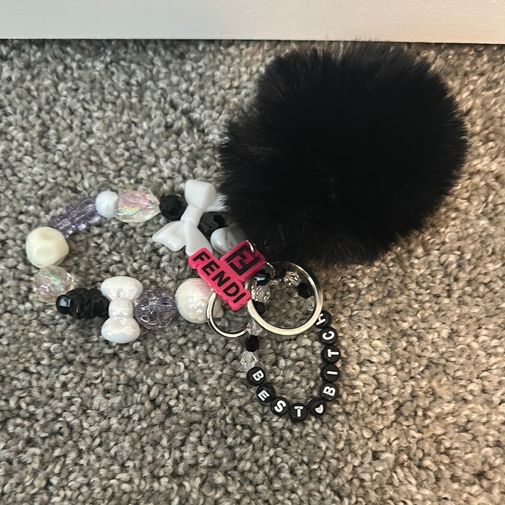 Handmade Black Pom Pom Keychain with Beads